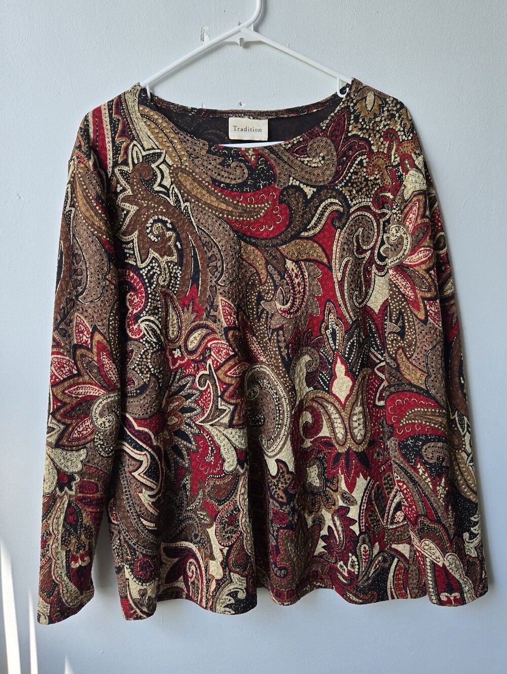 Tradition Vintage Aesthetic Women’s XL? Red Brown Paisley LongSleeve Top Stretch